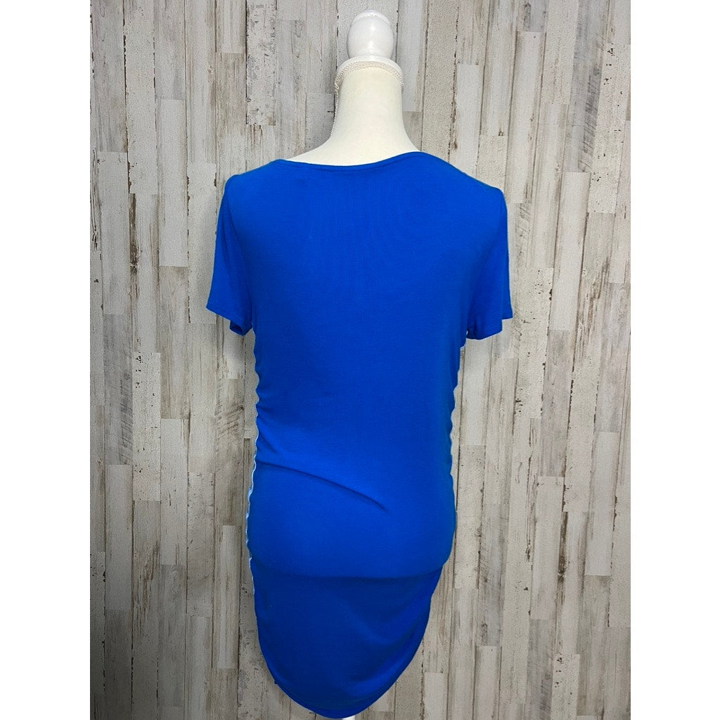 Ellie Tahari Women's XS Blue Size Ruched Knee Length Short Sleeve Dress Casual