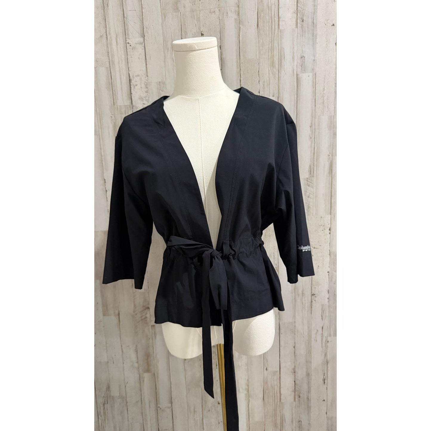 Columbia PFG Jacket Womens Petite Small Black Open Front Wrap Tie Waist 3/4