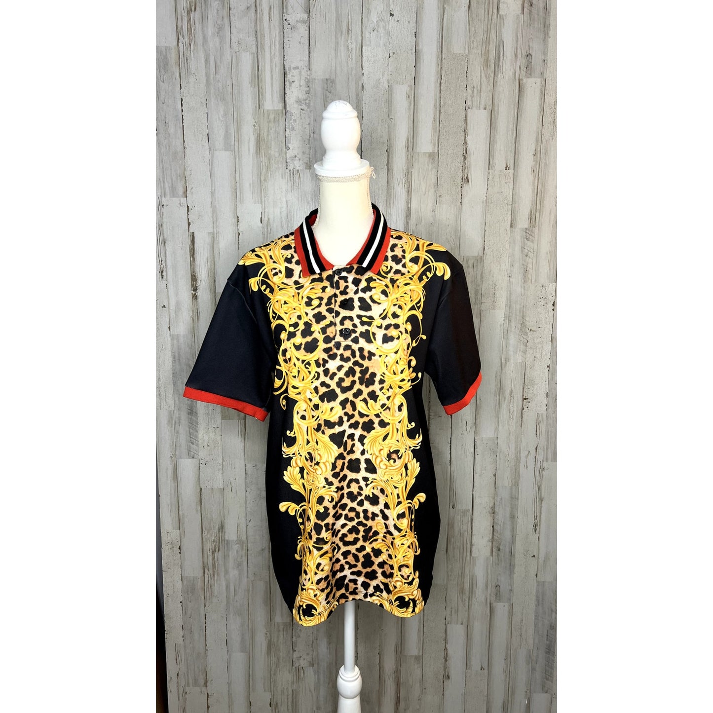 Zara Men's Large Black Gold Red TrimBaroque Leopard Print Polo Shirt Worn on TV