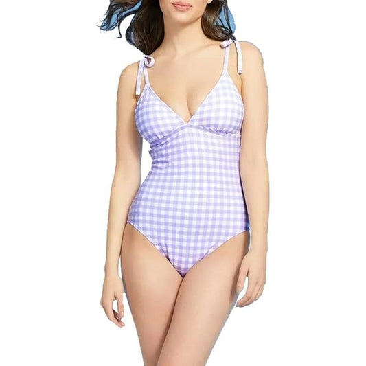 Kona Sol Women's Purple Gingham One Piece Swimsuit XL Shoulder Tie