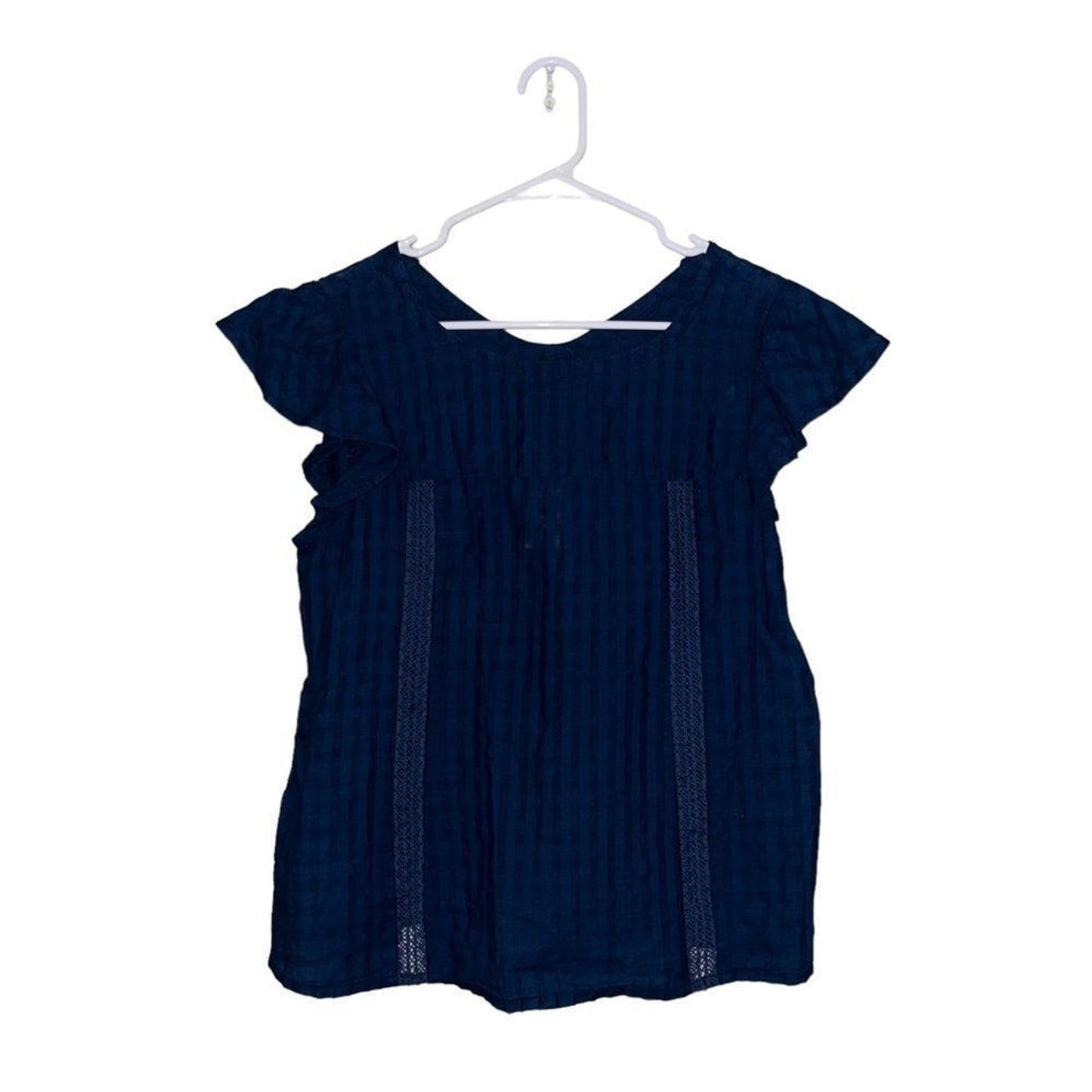 NWT Gap 1969 Blouse Womens XS Blue Chambray Flutter Sleeve Lace Trim Top