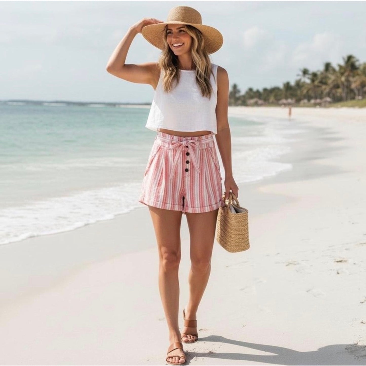 Free People Shorts Womens Size 2 Pink/White Striped Paperbag High Waist