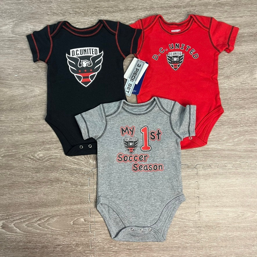 NWT D.C. United Newborn & Infant 3-6 Months 3-Pack Bodysuit Set Black/Red/Gray