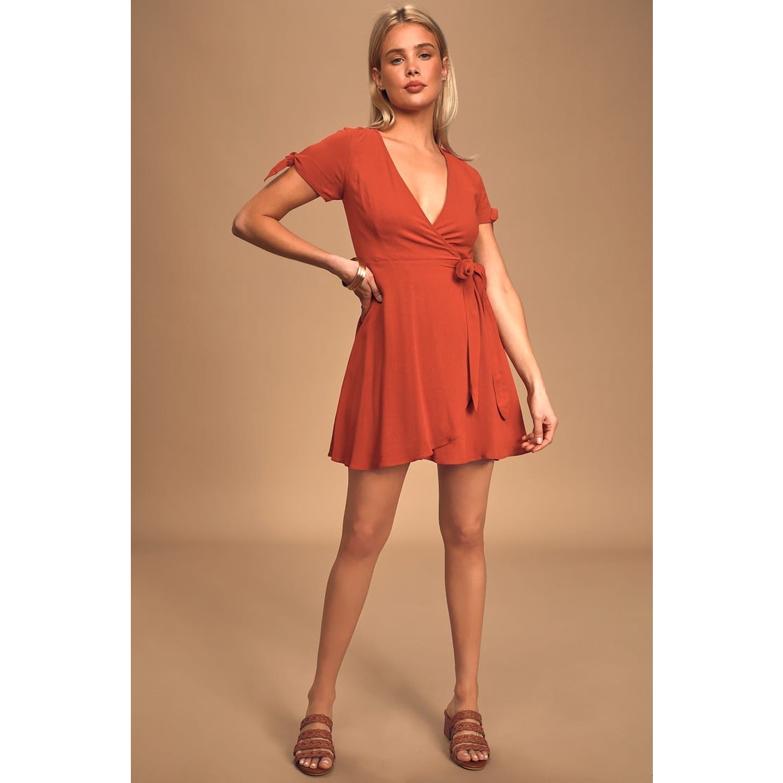 Lulus Women's XL Rust Orange Short Sleeve V-Neck Summer Short Dress Wrap Dress