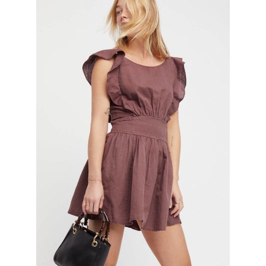 Free People Women's Small Erin Ruffle Sleeve Open Back Skater Mini Dress Brown