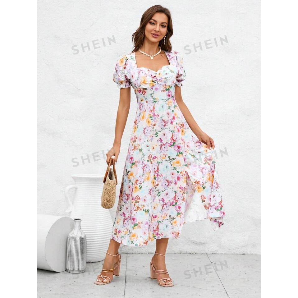 SHEIN Women's Small Floral Puff Sleeve A-Line Multicolor Spring Midi Dress