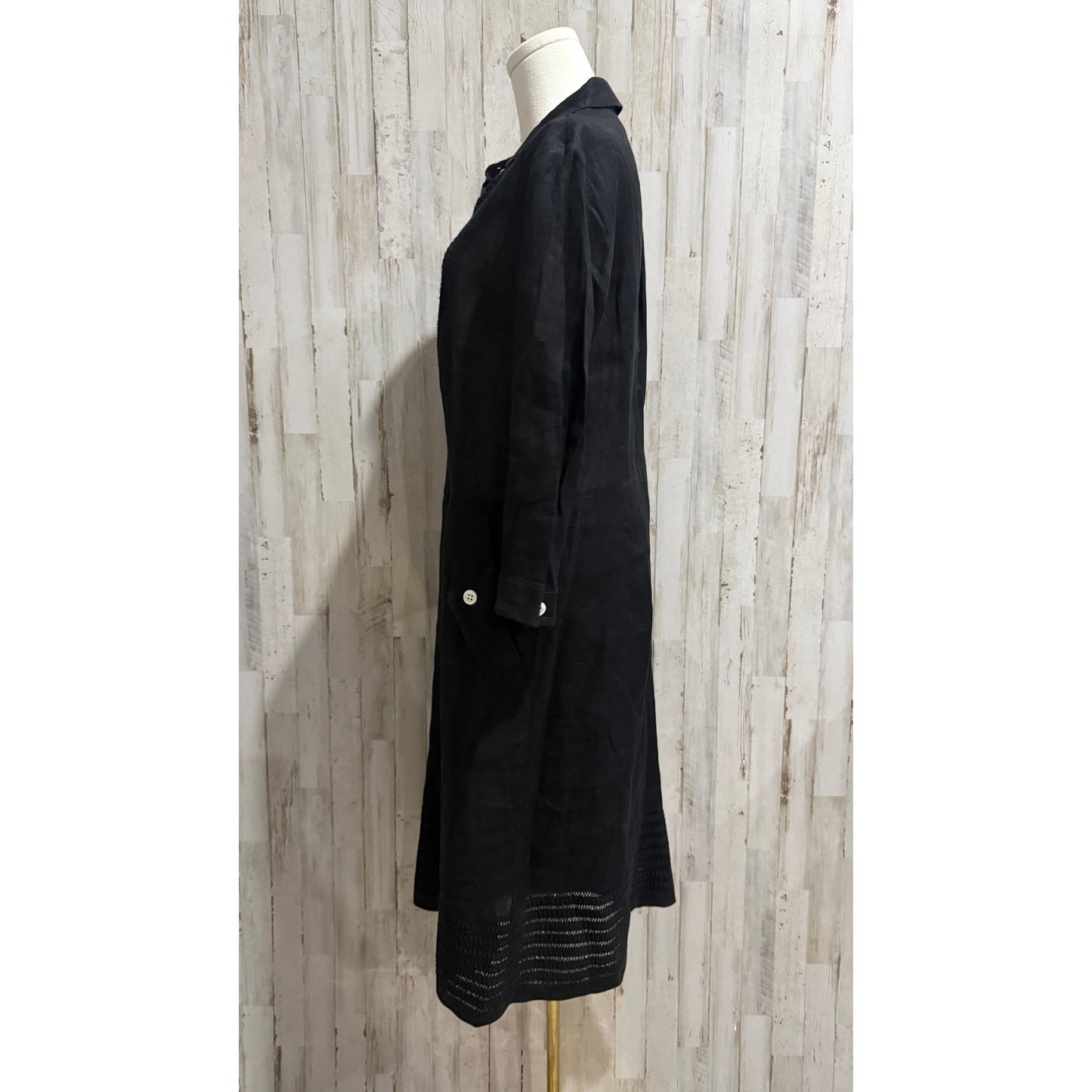 Rena Lange 100% Linen Black Button Front Midi Shirt Dress Size 12