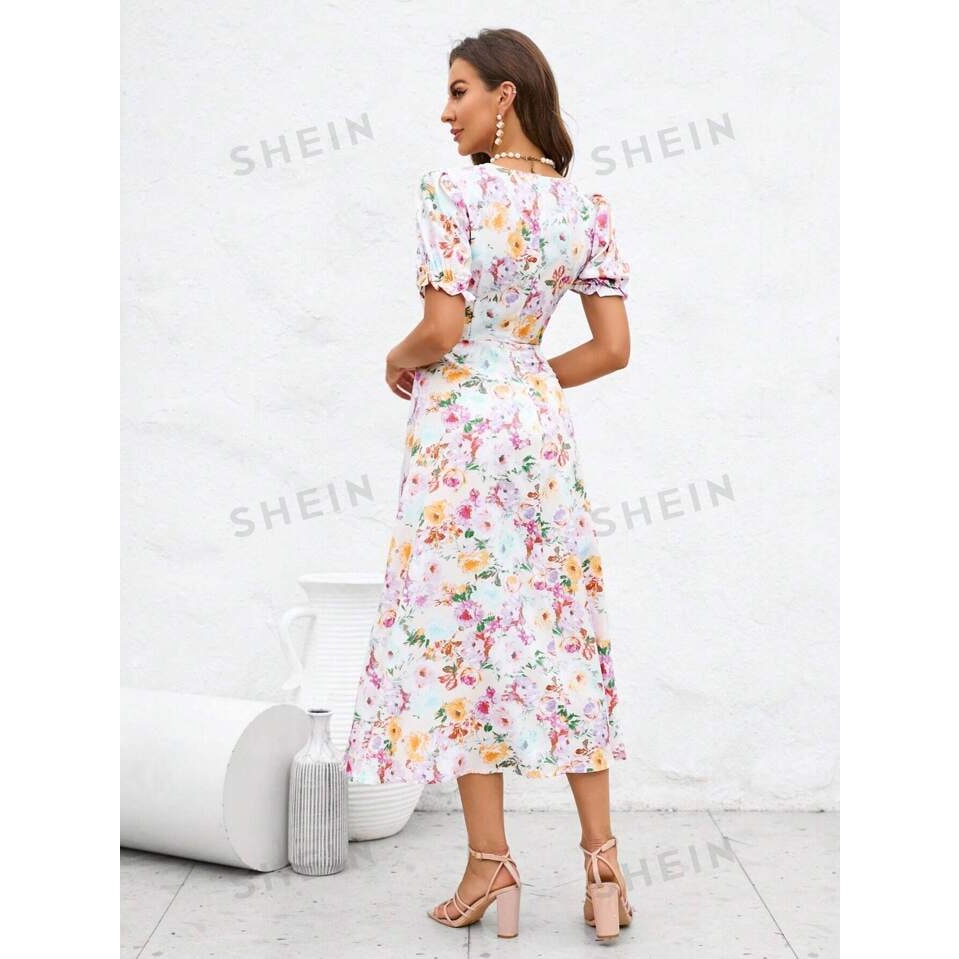 SHEIN Women's Small Floral Puff Sleeve A-Line Multicolor Spring Midi Dress