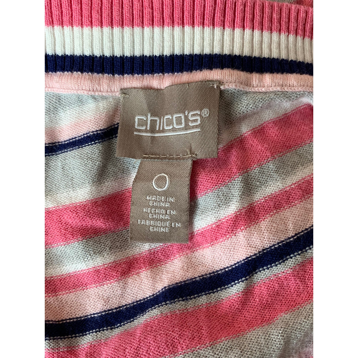 Chico’s Top Womens Extra Small Striped Knit Pullover 3/4 Sleeve Pink Gray Navy