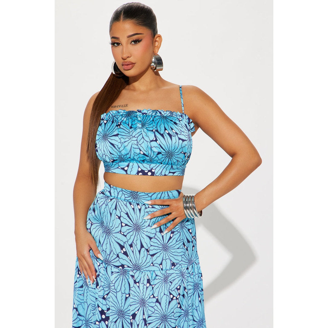 NWT Fashion Nova Women's Small Blue Floral Satin Cami Top & Maxi Skirt Set