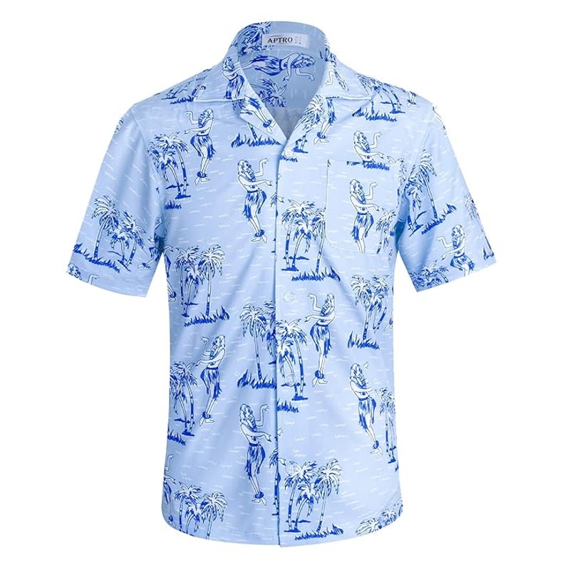 Men's 3XL Hawaiian Shirt Light Blue Tropical Print Hula Dancers Palm Trees