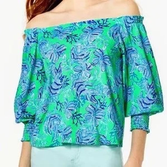 Lilly Pulitzer Women's Large Green Off Shoulder Geometric Blouse Casual