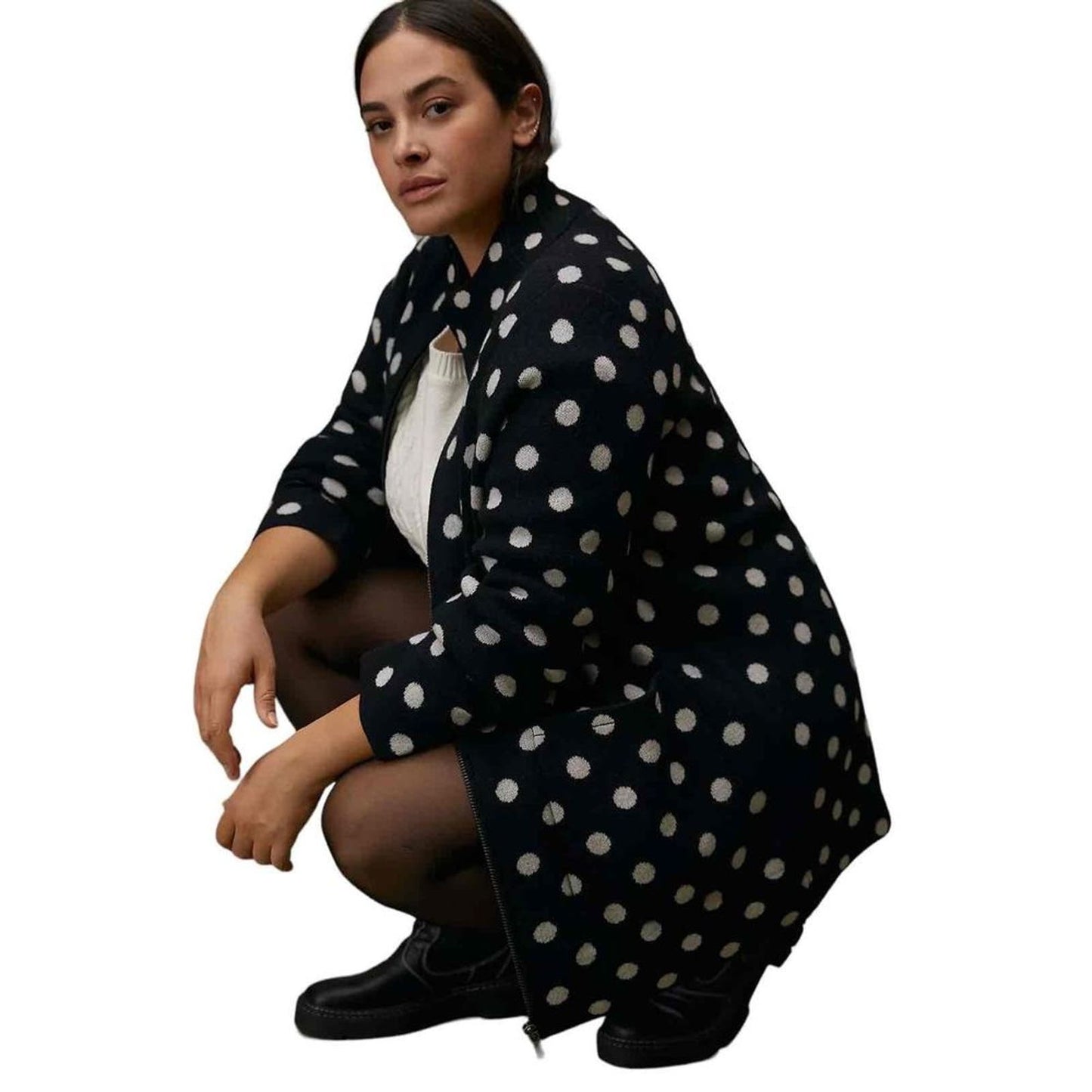 NWT Anthropologie Field & Flower Polka Dot Wool Sweater Coat Black Petite Medium