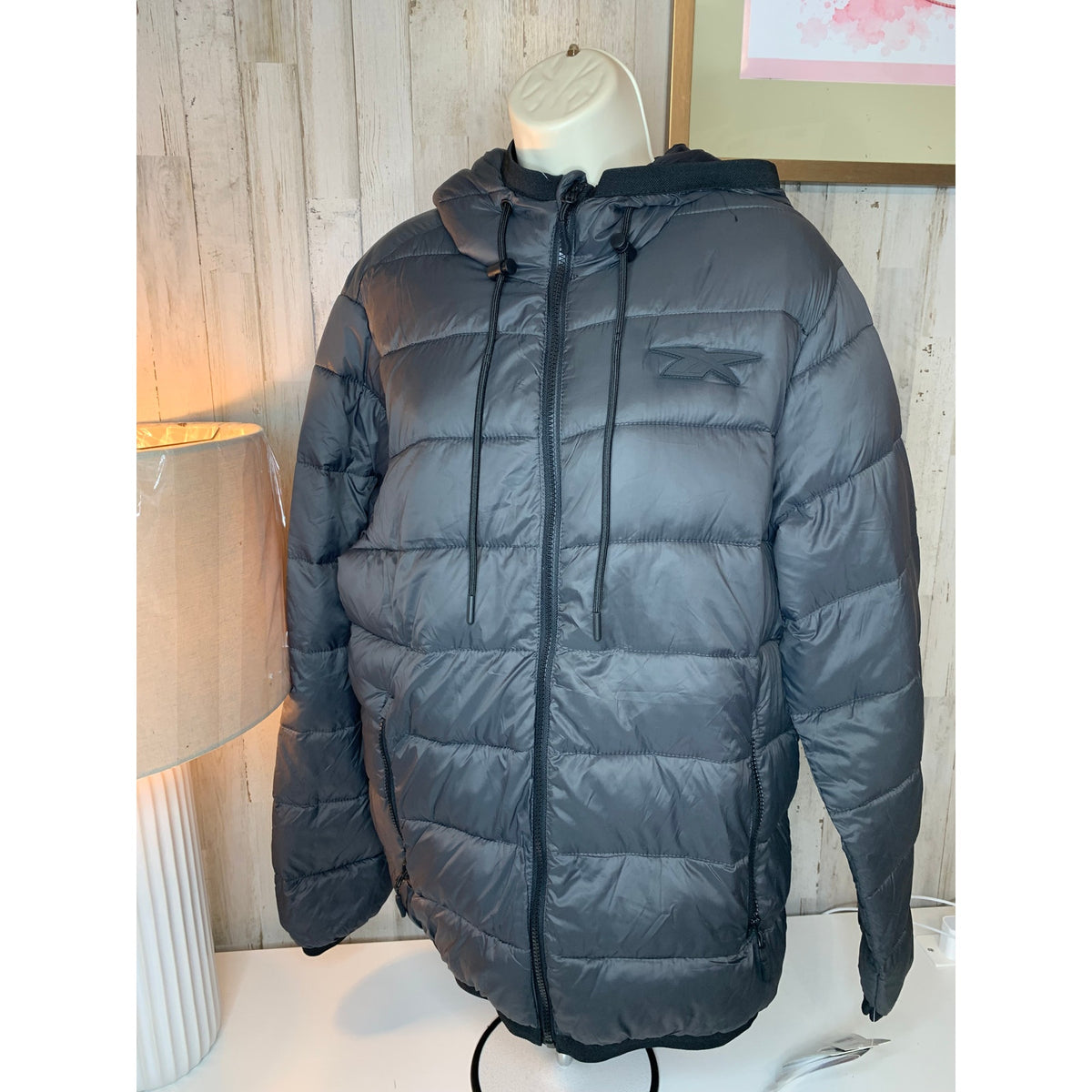 Reebok Puffer Jacket Mens Medium Charcoal Gray Hooded Full Zip Quilted