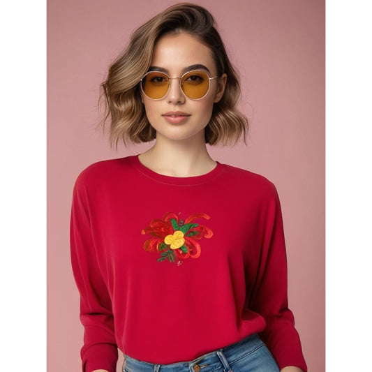 Vintage Studio Joy Womens XL Red Floral Embroidered Long Sleeve Pullover T-Shirt