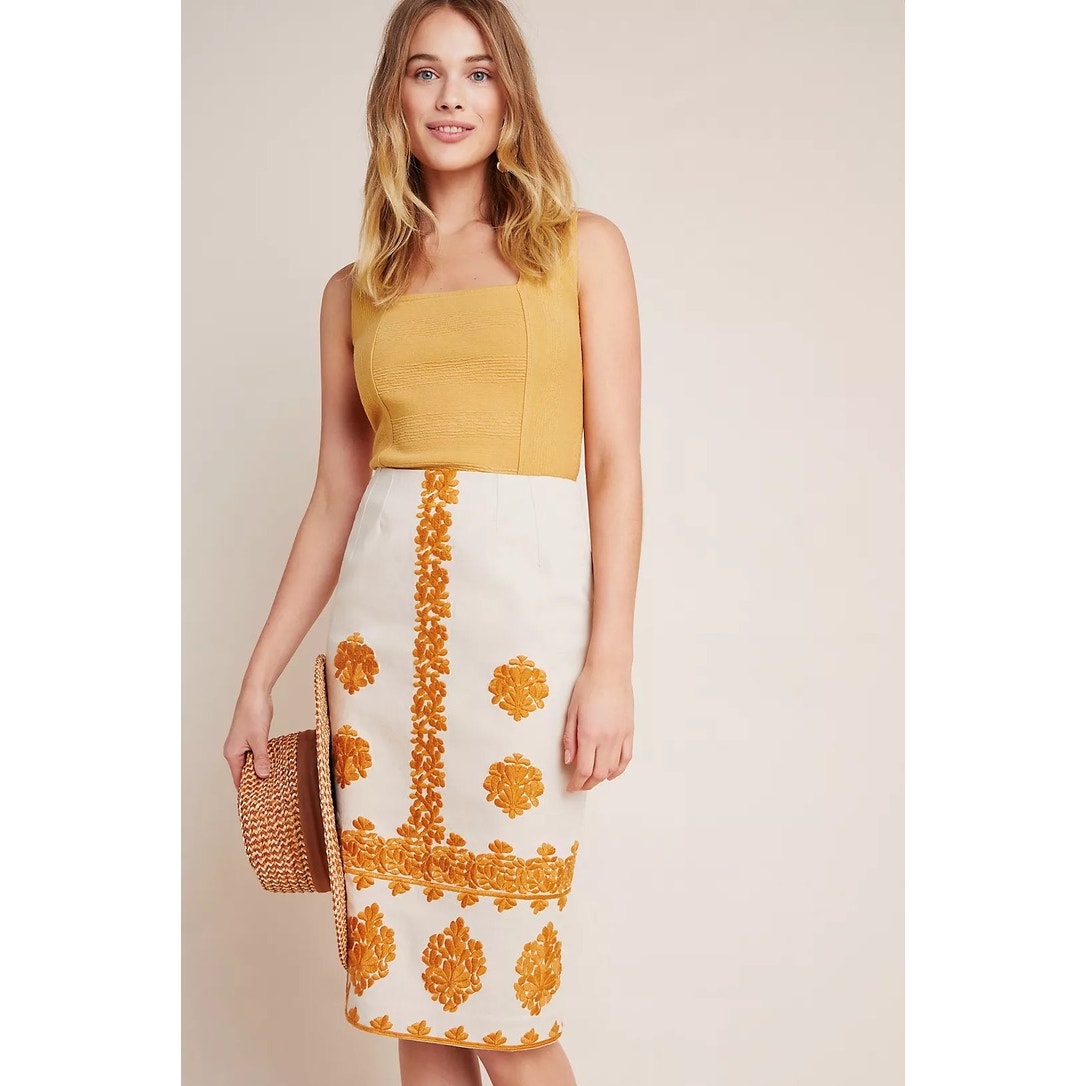Anthropologie Women's Gold Verona Floral Embroidered Pencil Skirt Size 2