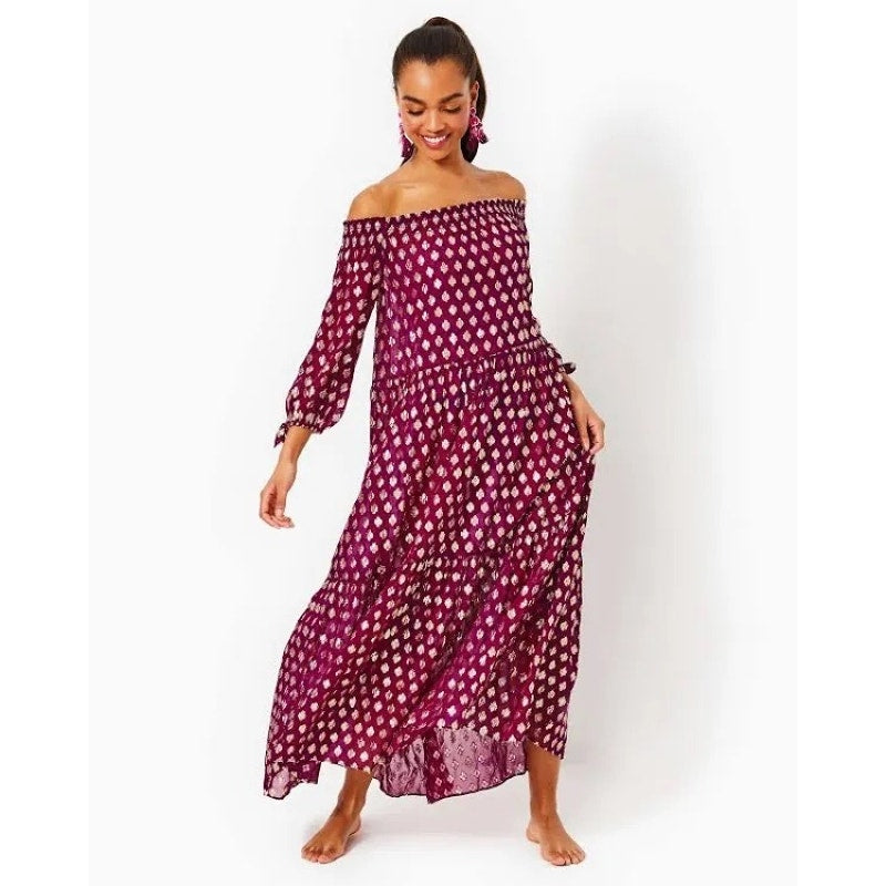 NWT Lilly Pulitzer Women's Dayla Off-Shoulder Maxi Cover-Up Small Amarena Cherry