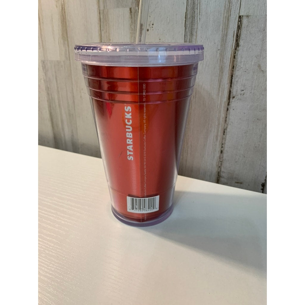 Starbucks Red Metallic Foil Tumbler 16 oz w/ Lid & Straw