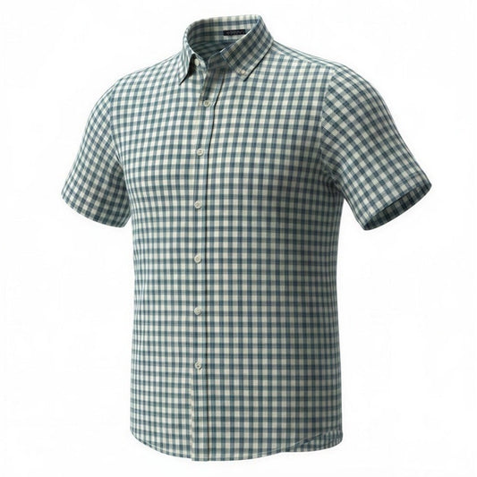 Chaps Men's Button-Up Shirt Size Large Blue Green White Plaid Short Sleeve