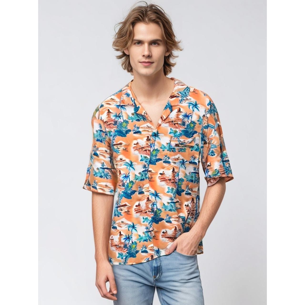 Tropical Storm Men's 3XL Hawaiian Shirt Orange Blue Beach Print Casual