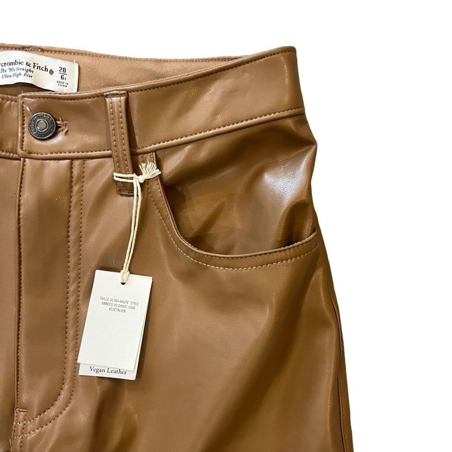 NWT Abercrombie & Fitch 90s Straight Ultra High Rise Leather Pants Brown Size 28