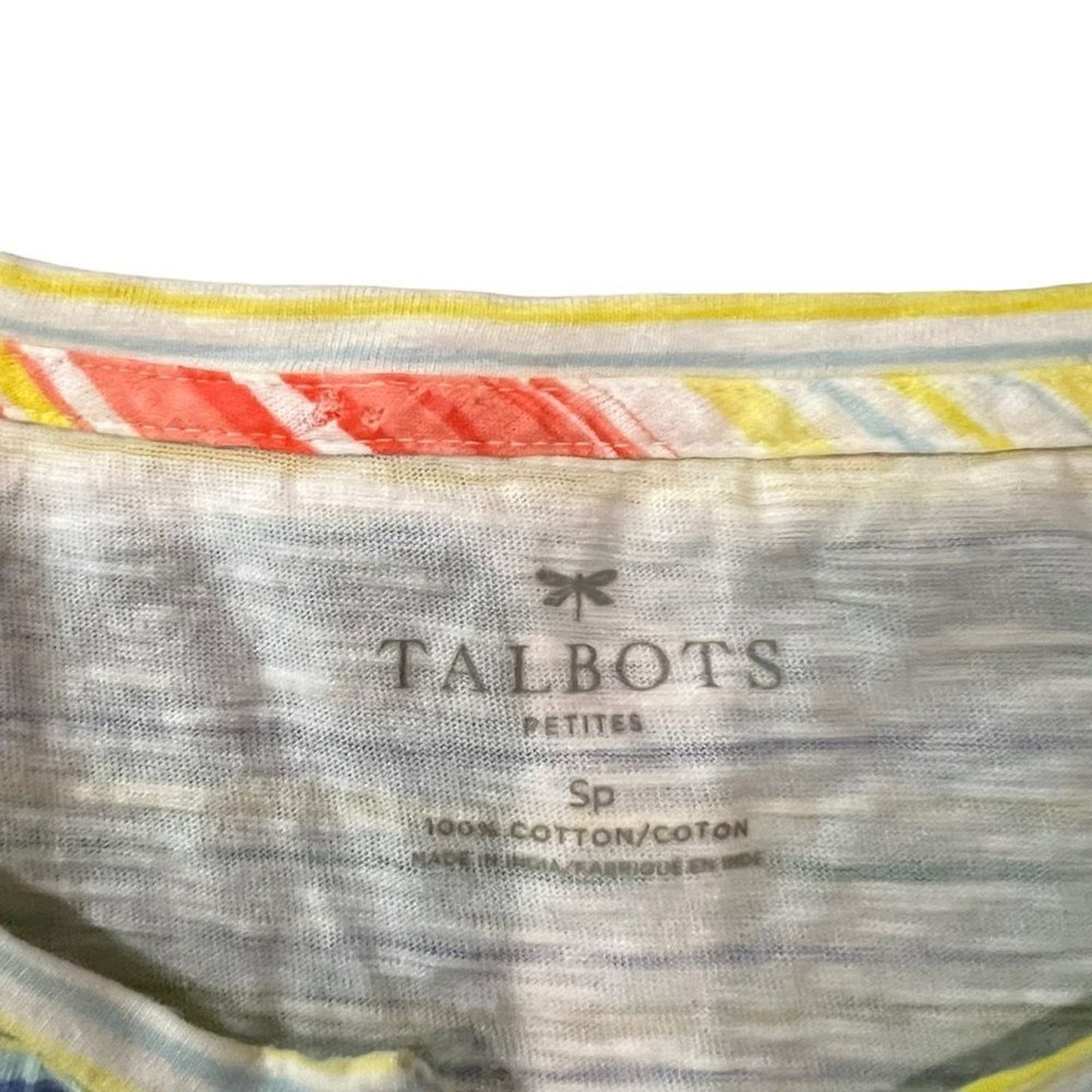 Talbots Petites T-Shirt Womens Small Multicolor Rainbow Stripe Lace-Up Neck