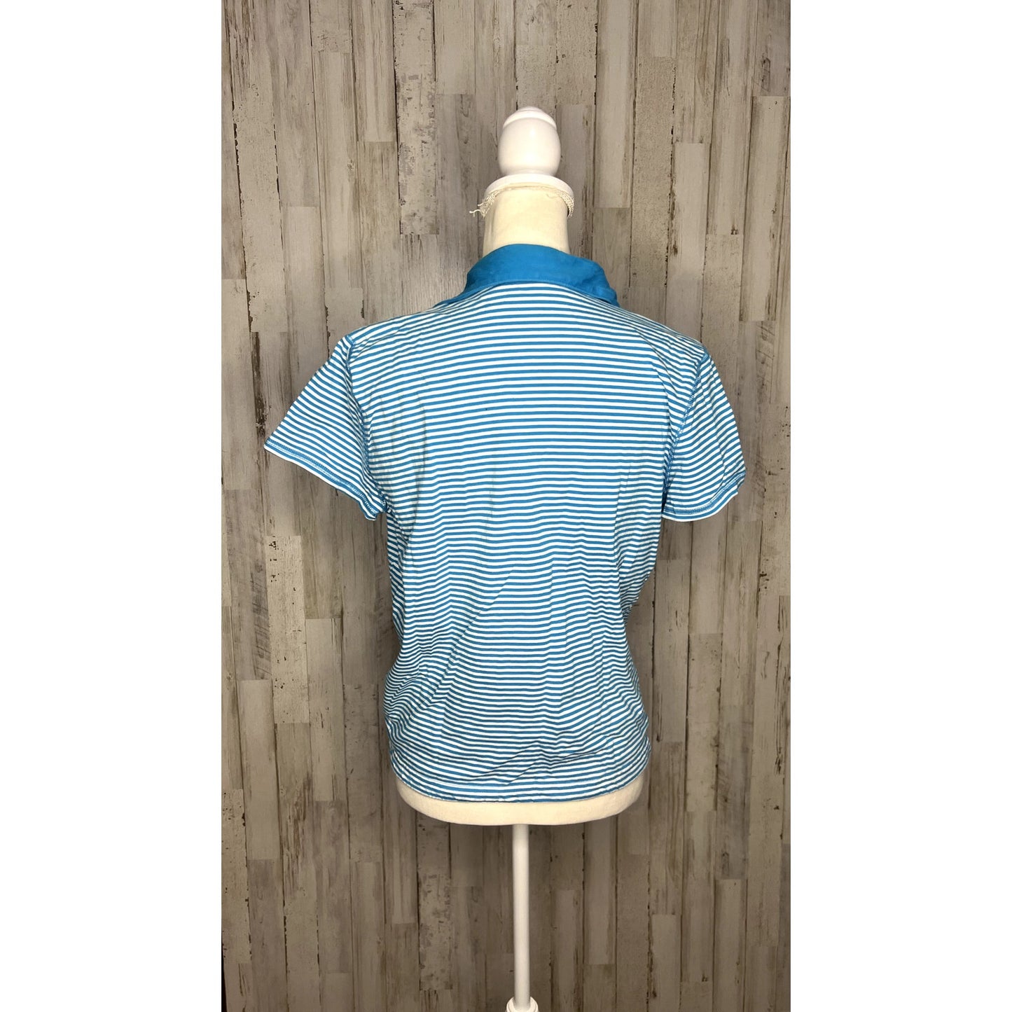 Kim Rogers Women's Large Blue Striped Polo Shirt w/ Drawstring Hem