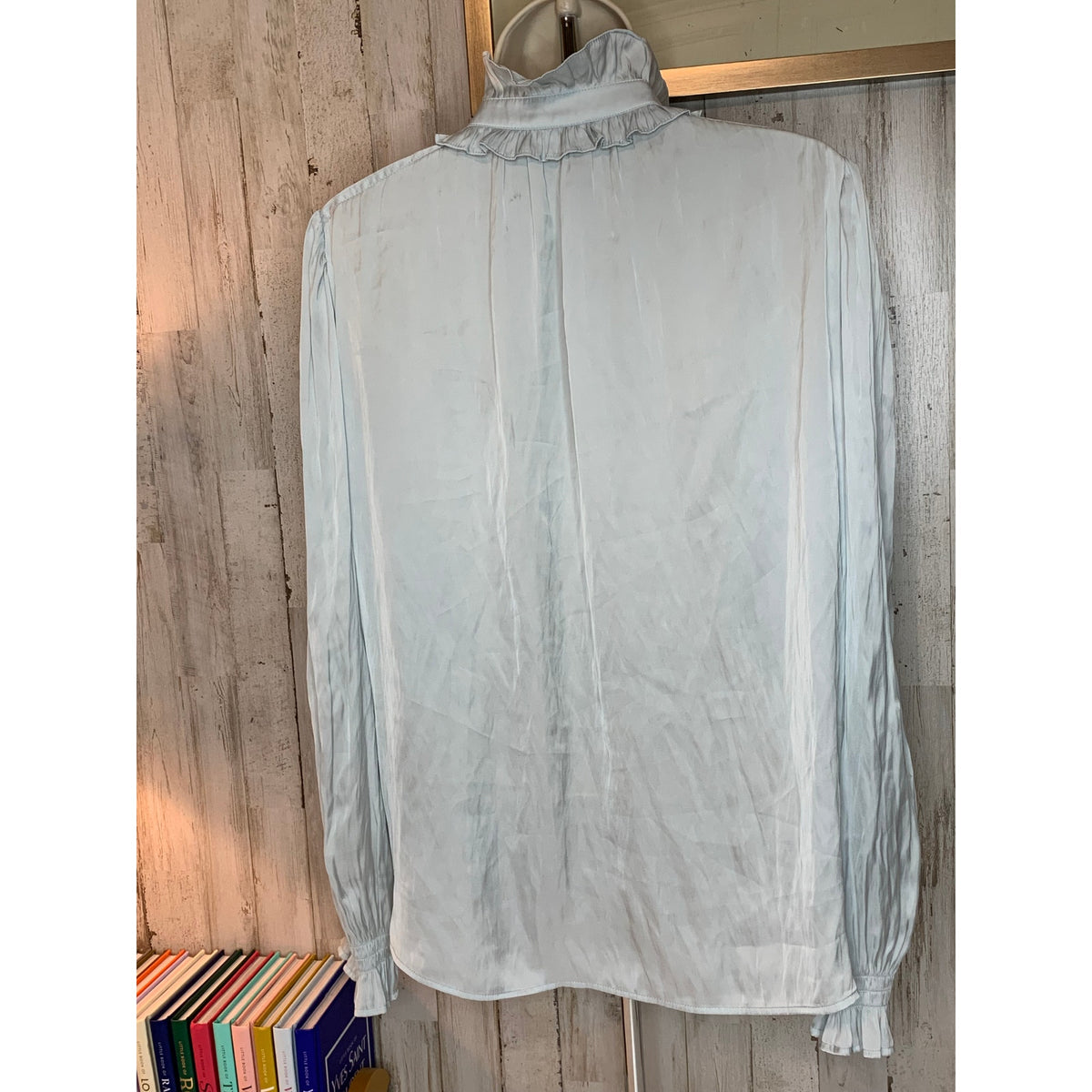 Zadig & Voltaire Blouse Womens Large Light Blue Ruffle Neck Puff Sleeve
