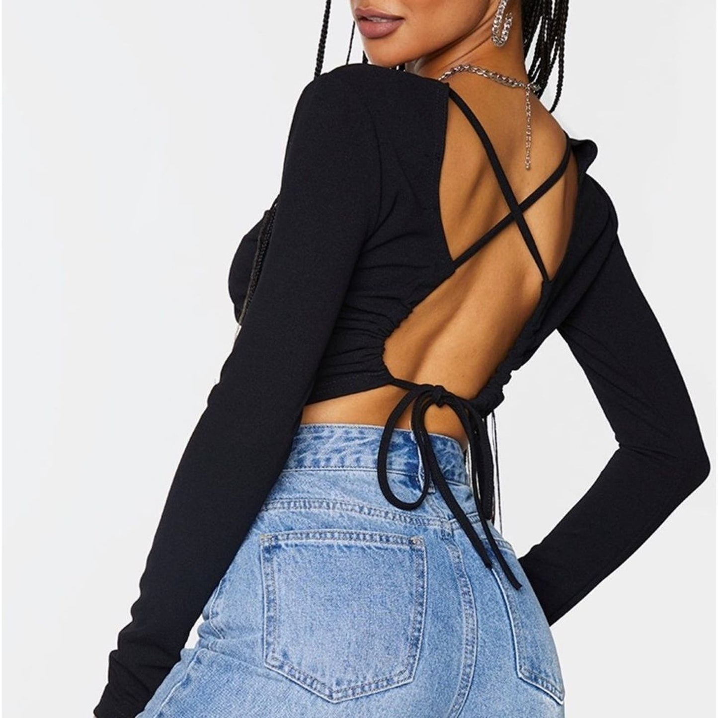 Black long sleeve lace up back crop top