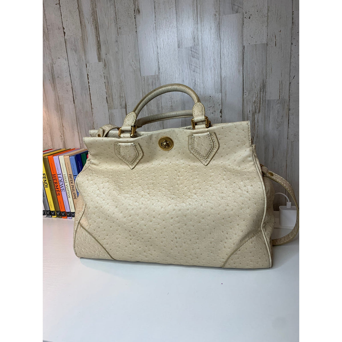 Marc by Marc Jacobs Cream Ostrich Embossed Satchel Bag Gold Hardware Leather Crossbody