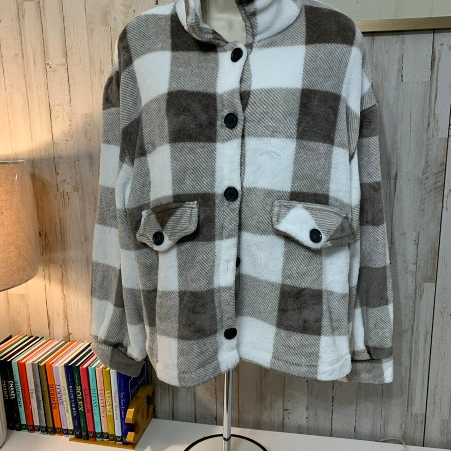 SHEIN Jacket Women Size L Brown White Plaid Sherpa Button Up