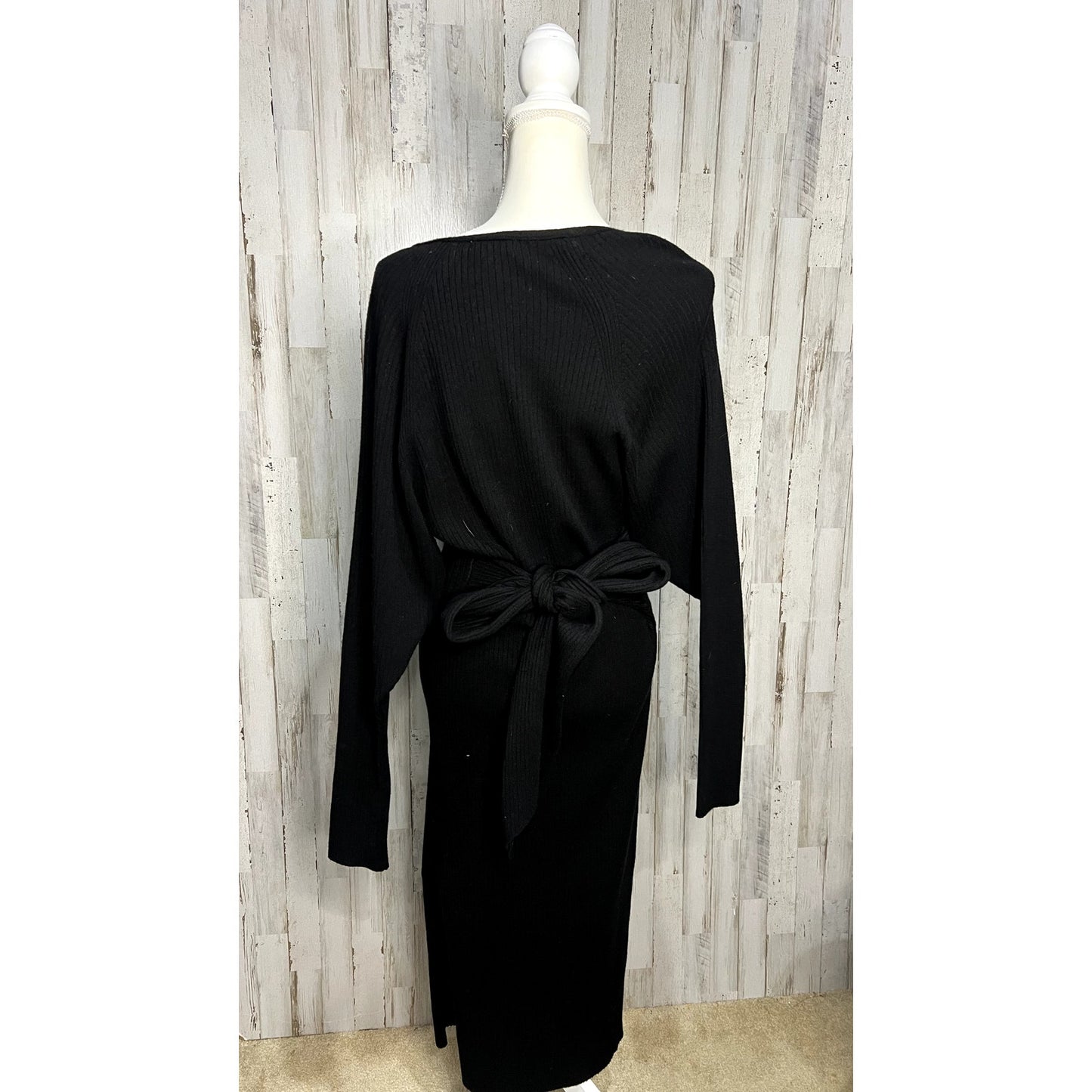 Good American Women's Black Ribbed Knit V-Neck Midi Dress Size 4 Long Sleeve