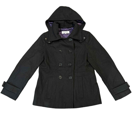 Calvin Klein Women's 10 Black Wool Double Breasted Peacoat with Removable Hood