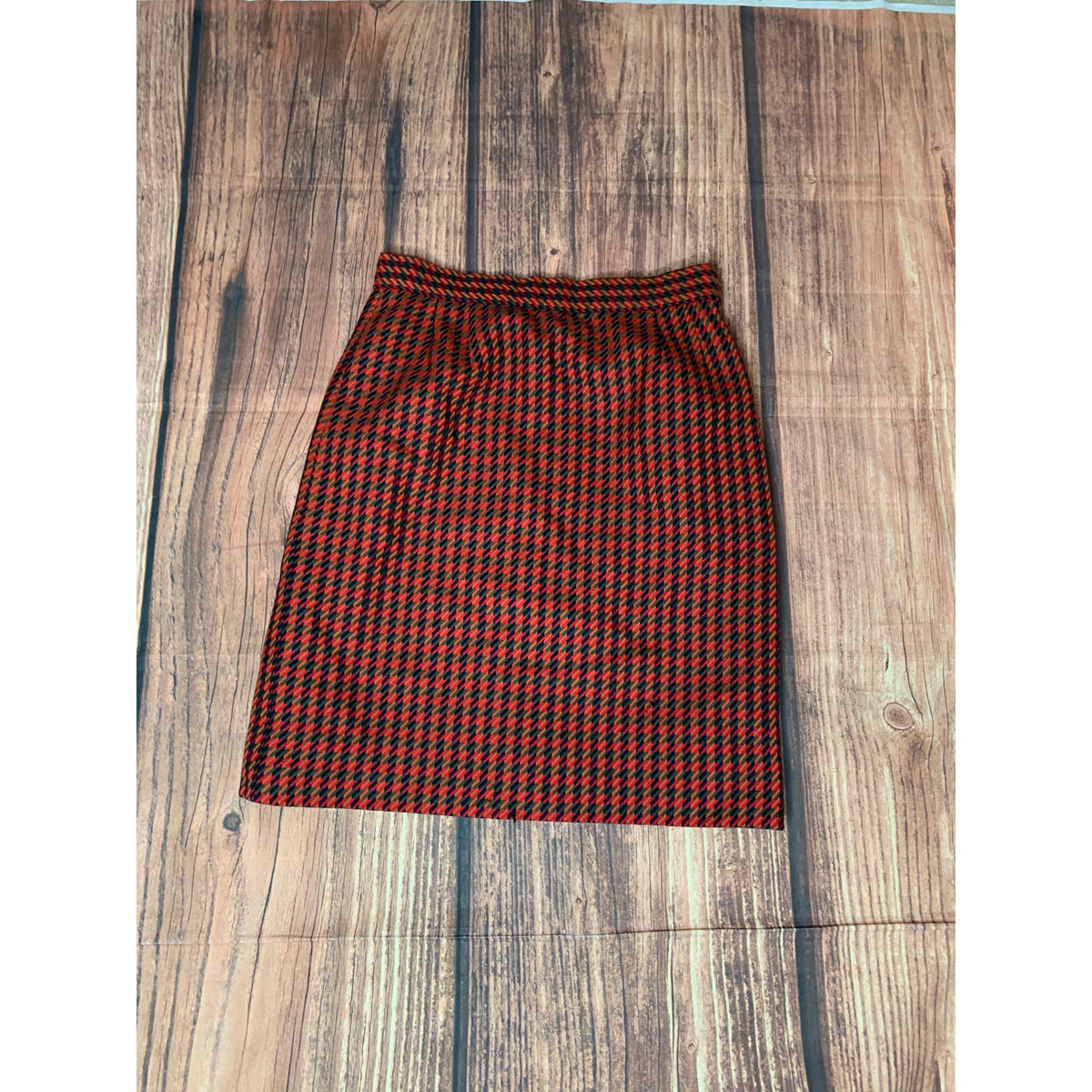 Bill Blass Skirt Womens Red & Black Houndstooth Pencil Knee Length