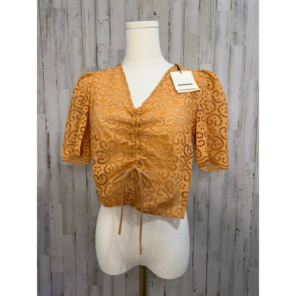NWT Sandro Women's Orange Livio Tie Front Cropped V-Neck Blouse Size 0