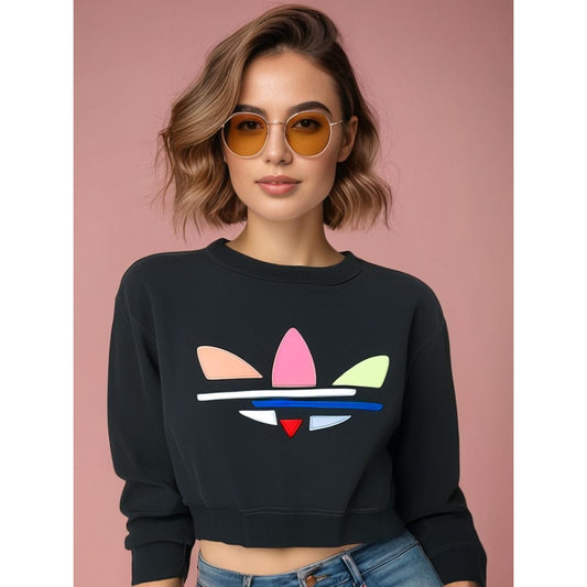 Adidas Women's Cropped Sweatshirt Small Black Multicolor Trefoil Logo Casual
