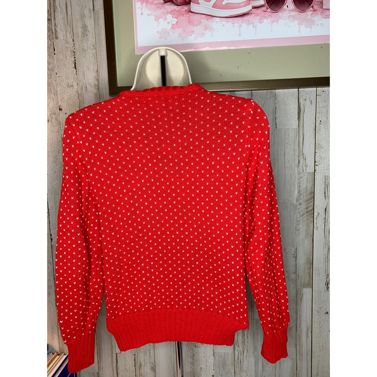Lord & Taylor Sweater Womens Small Red Knit Pullover Crew Neck Heart Pattern