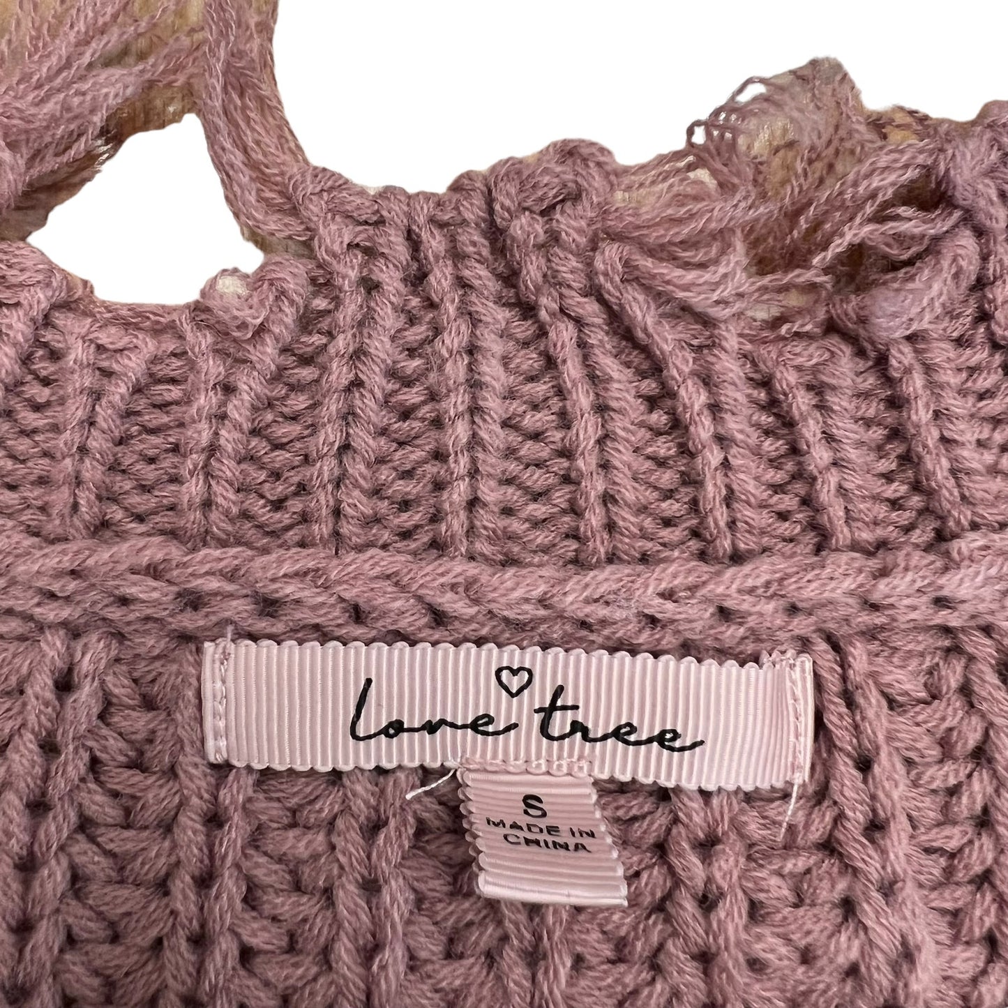 Love Tree Women's Small Pink Distressed V-Neck Fringed Ribbed Knit Sweater