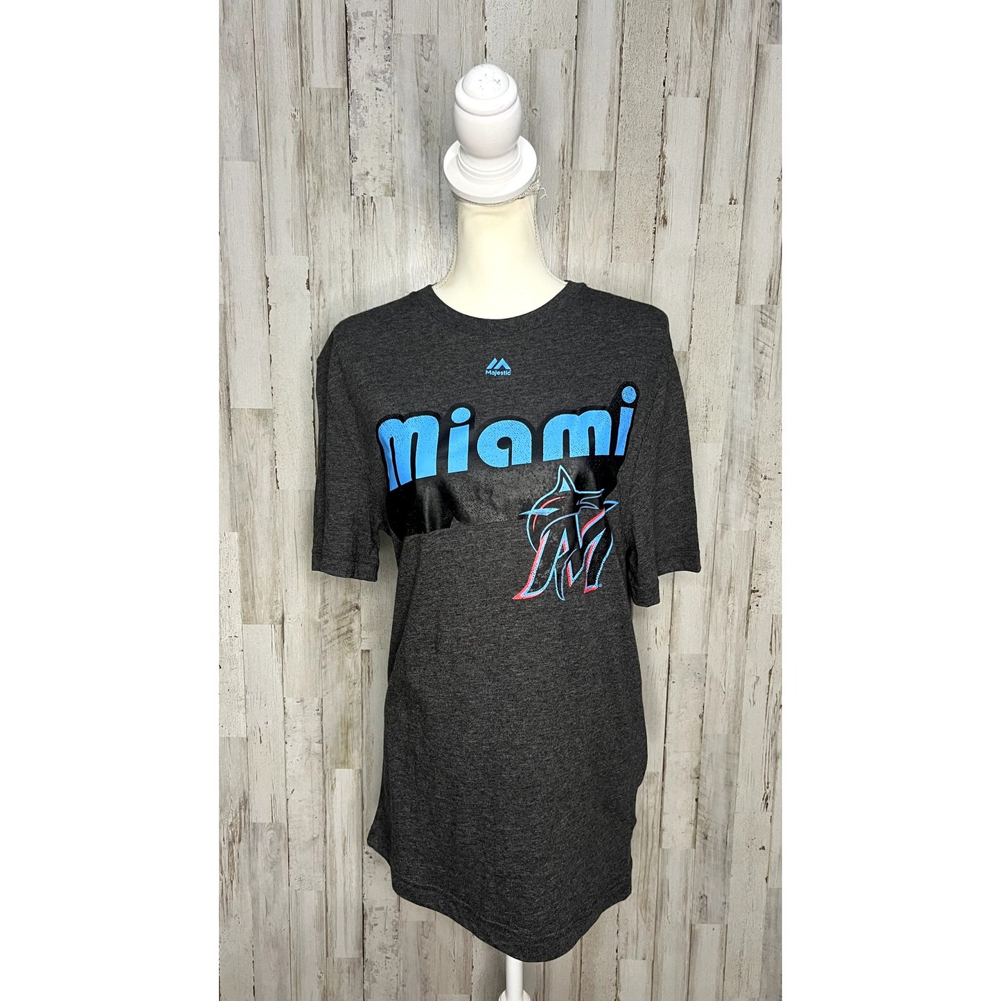 NWT Majestic Miami Marlins Men's Gray MLB Logo T-Shirt Size Small Short Sleeve