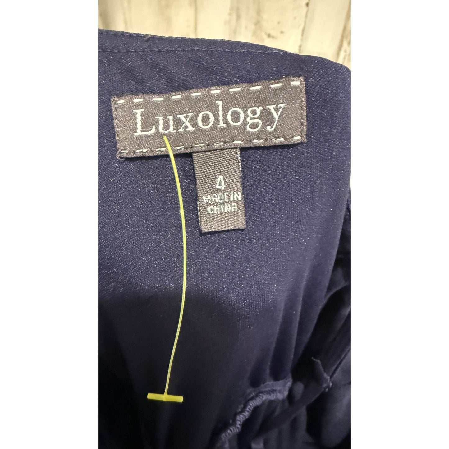NWT Luxology Dress Womens Size 4 Navy Blue Lace Overlay Spaghetti Strap Midi
