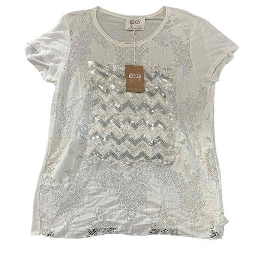 NWT Brand Bazar Sequin Embellishments Lace Pattern Short Sleeve Crewneck Blouse