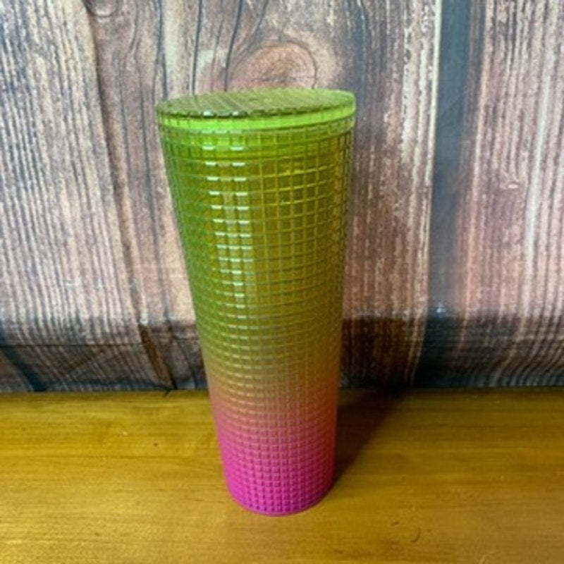 Starbucks Cold Cup 24oz Green Yellow Pink Ombre Grid w/ Lid NO STRAW