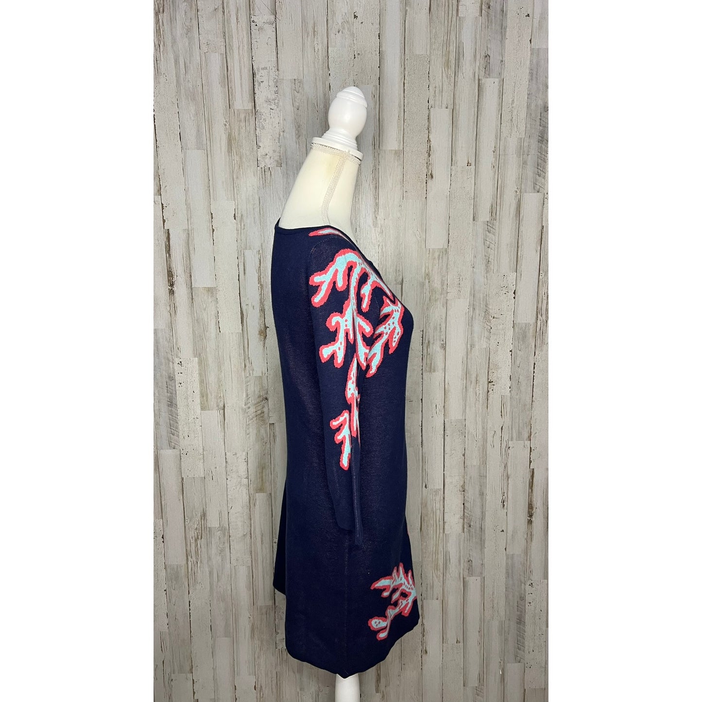 Lilly Pulitzer Women's XS Blue Sweater Dress 3/4 Sleeve Coral Pattern