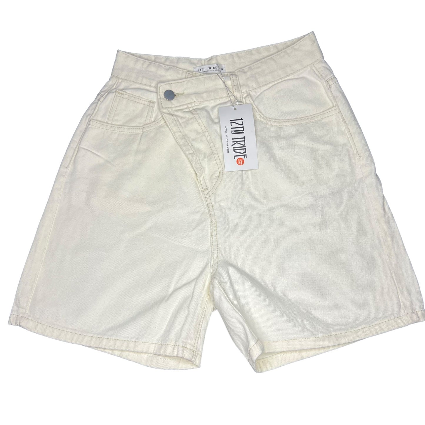 NWT 12th Tribe Women's Medium Ivory/White High-Rise Asymmetrical Denim Shorts