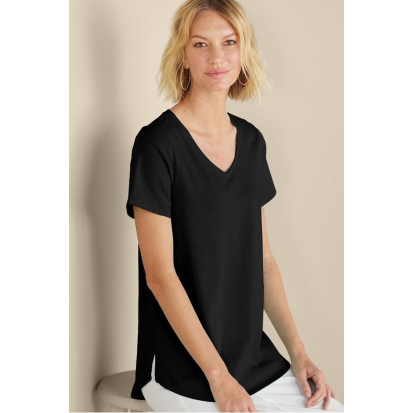 Soft Surroundings Women’s Medium Black Supima Cotton V-Neck Short Sleeve T-Shirt