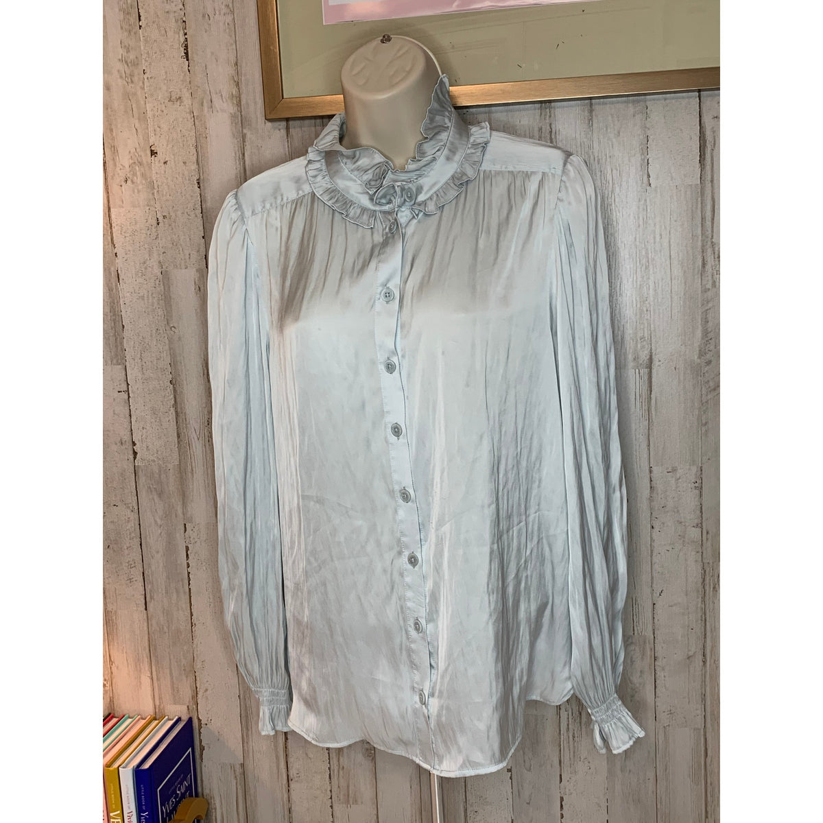 Zadig & Voltaire Blouse Womens Large Light Blue Ruffle Neck Puff Sleeve