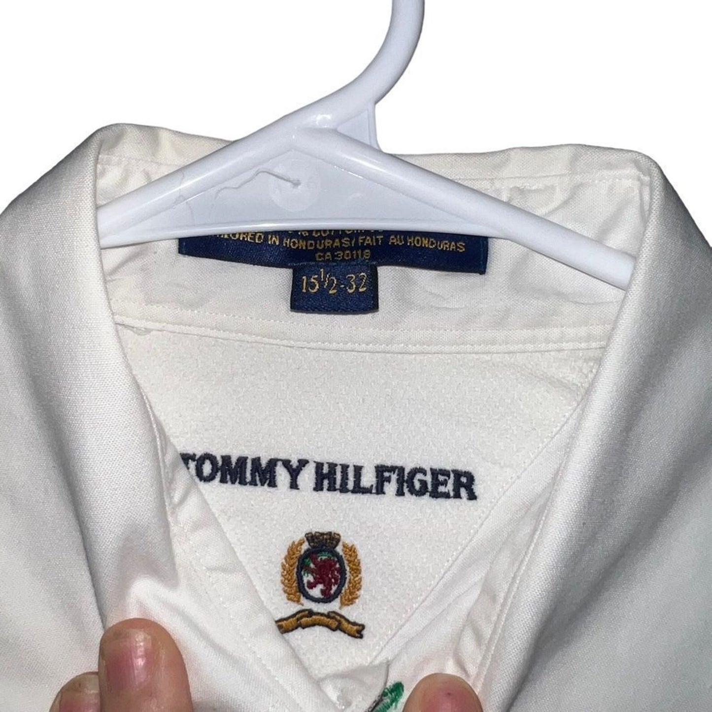 Tommy Hilfiger Dress Shirt Mens 15.5 32/33 White Button Front Crest Logo