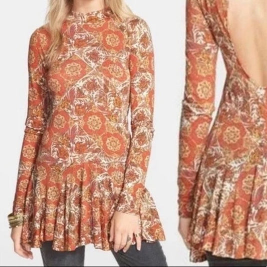 Free People Annabelle Tunic XS Rust Paisley Mock Neck Long Sleeve Peplum Hem