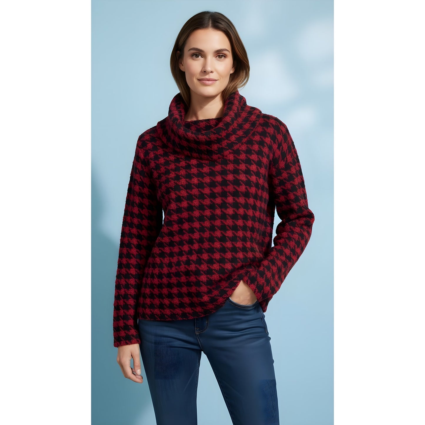 Lulu-B Women's Cowl Neck Houndstooth Pullover Sweater Red Size Small