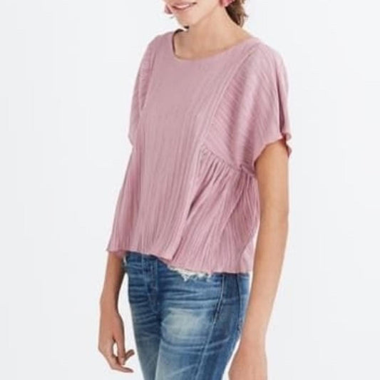 Madewell Women's XS Pink Micropleat Blouse Short Sleeve Relaxed Fit